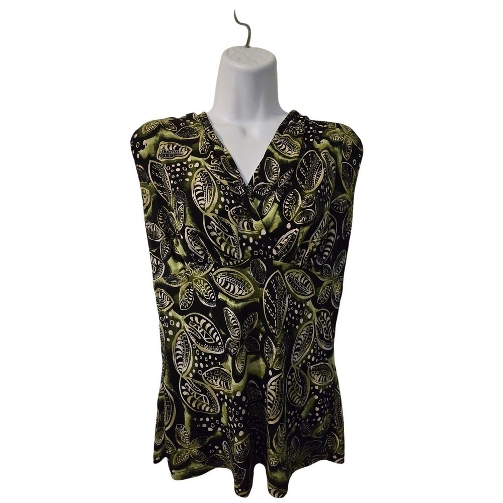 JKLA California Sleeveless V Neck Wrap Top Green Black Abstract Leaf Print /0141